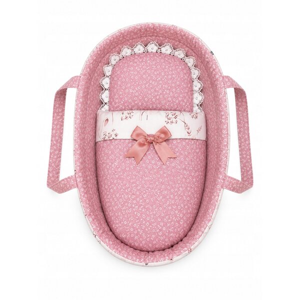 Elegante Puppengondel mit Bettwäsche – handgefertigt, Rosa, 37 cm