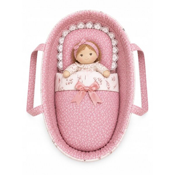 Elegante Puppengondel mit Bettwäsche – handgefertigt, Rosa, 37 cm