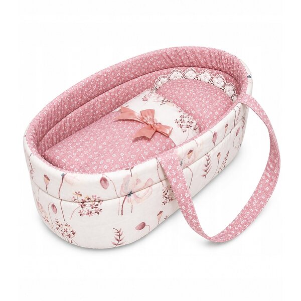 Elegante Puppengondel mit Bettwäsche – handgefertigt, Rosa, 37 cm
