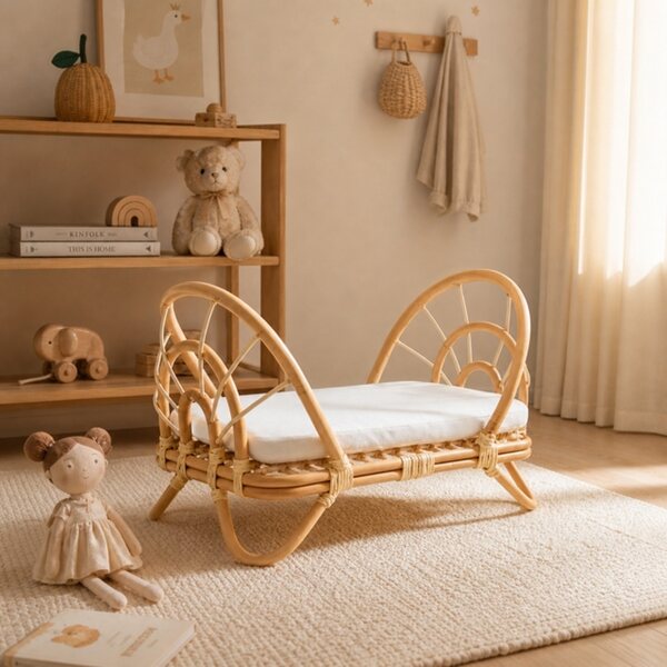 Boho-Kinderbett aus natürlichem Rattan für Puppen, Öko-Spielzeug für Kinderzimmer