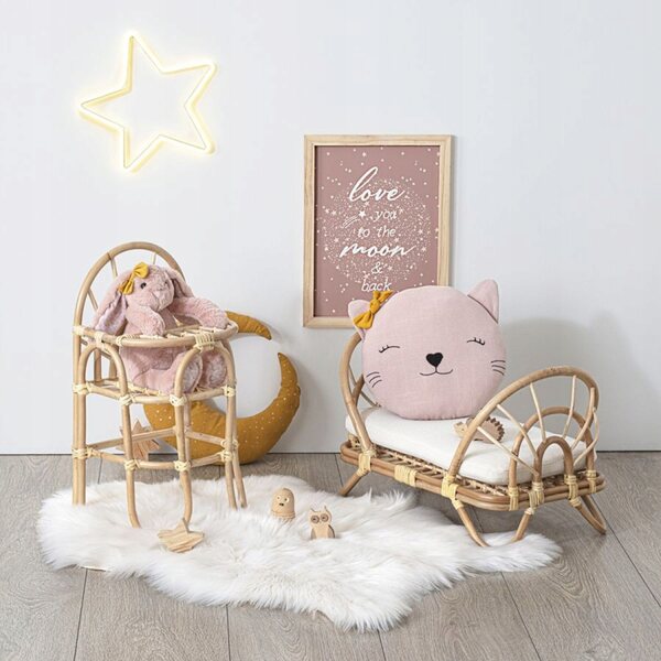 Boho-Kinderbett aus natürlichem Rattan für Puppen, Öko-Spielzeug für Kinderzimmer