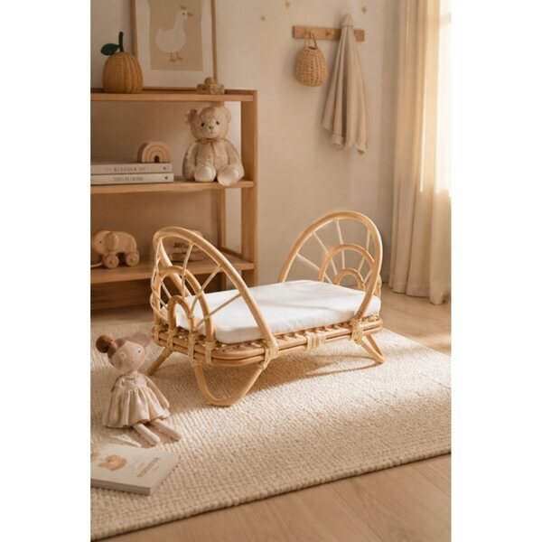 Boho-Kinderbett aus natürlichem Rattan für Puppen, Öko-Spielzeug für Kinderzimmer