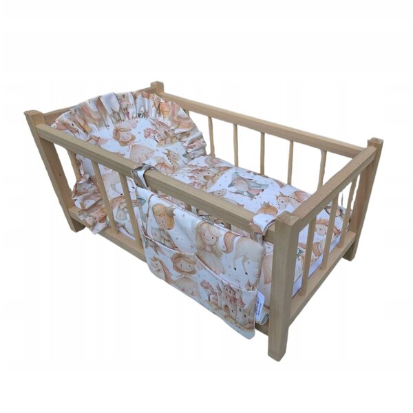Holzbett mit Puppenwäsche in Pastellfarben – Komplettset