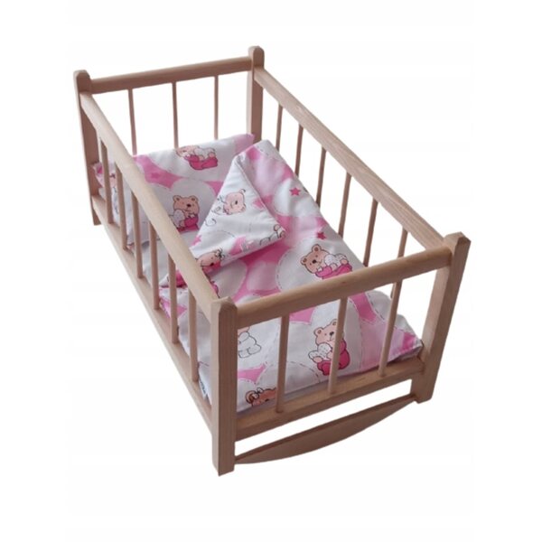 Holzbett für Puppen mit 3-teiligem Bettwäscheset aus 100 % Baumwolle
