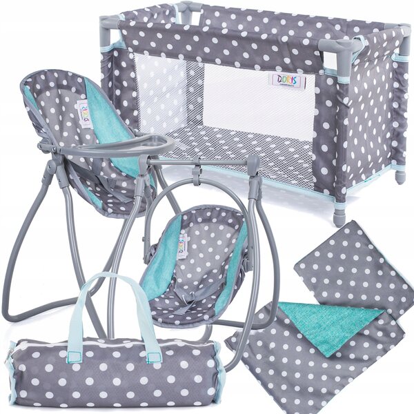 DORIS 3 in 1 Set: Kinderbett, Hochstuhl und Schaukel für Puppen bis 45 cm