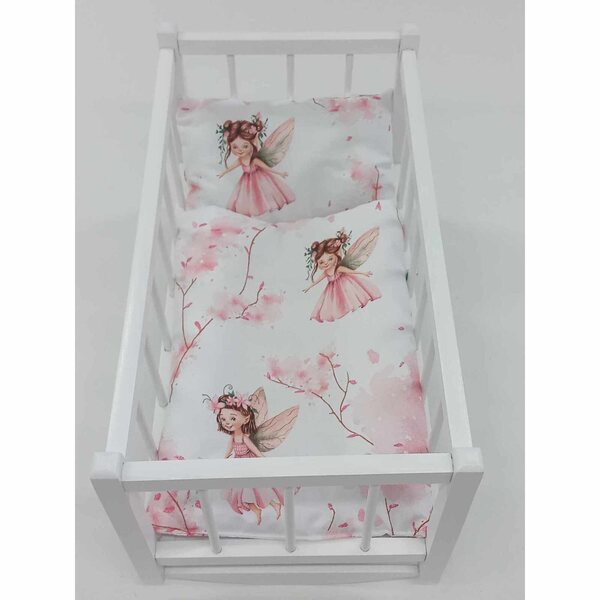Dondolo in Legno Bianco per Bambole con Set Completo di Biancheria a Tema Elfi