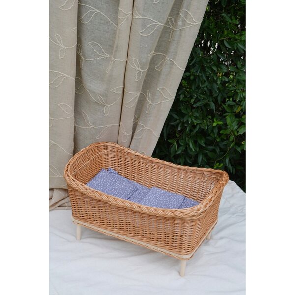 Letto in vimini per bambole naturale con tessuto grigio floreale per bambini