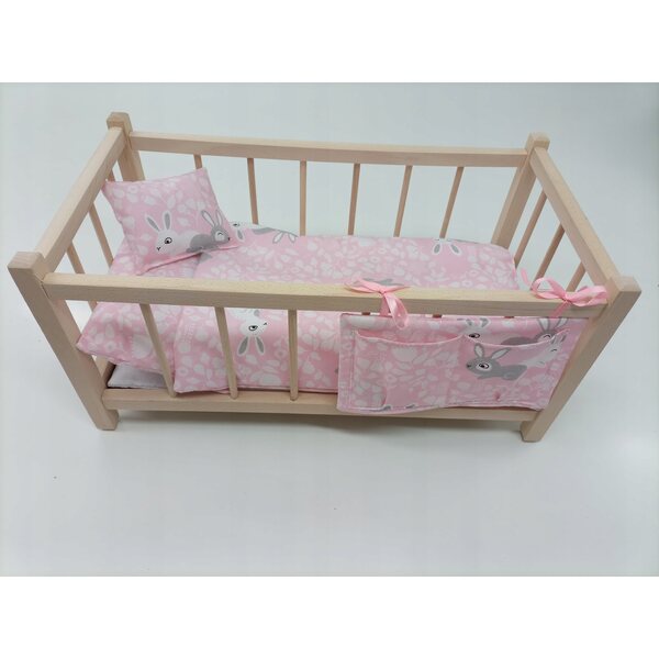 Letto in legno per bambole con set di biancheria e organizer, 6 pezzi