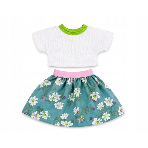 Komplettes Kleidungsset für 30–35 cm große Puppen: grüne Blumenbluse und Rock