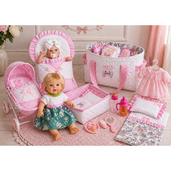 Komplettes Kleidungsset für 30–35 cm große Puppen: grüne Blumenbluse und Rock