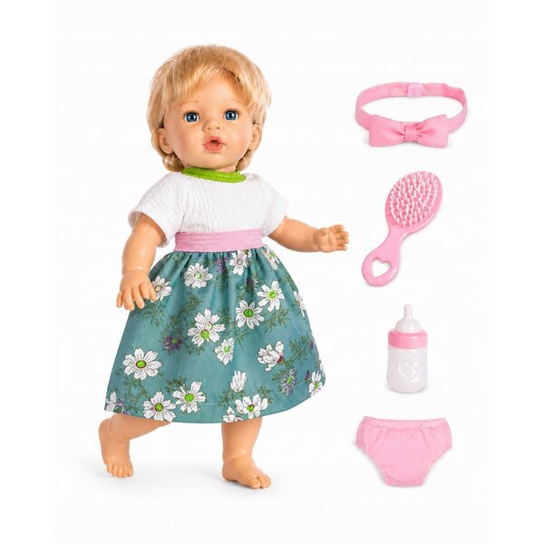 Komplettes Kleidungsset für 30–35 cm große Puppen: grüne Blumenbluse und Rock