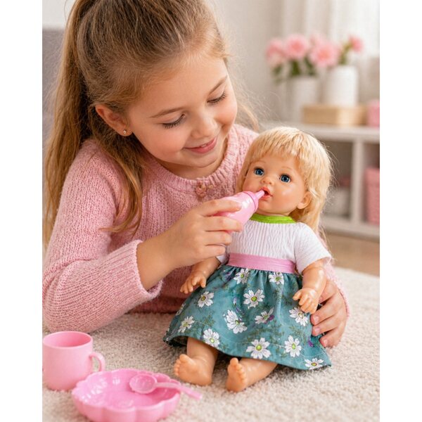 Komplettes Kleidungsset für 30–35 cm große Puppen: grüne Blumenbluse und Rock