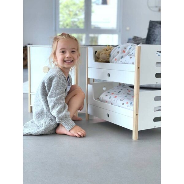 Letto a castello in legno per bambole con coperte e cassettiera 50x28x48 cm
