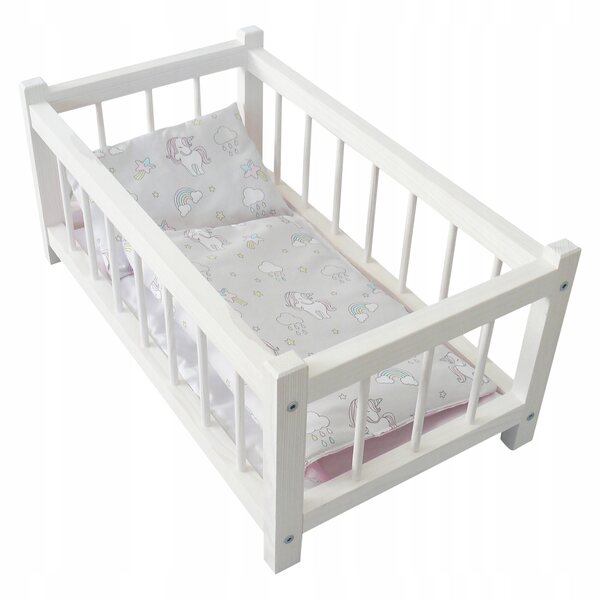 Weißes Puppenbett aus Holz mit Einhorn-Bettwäsche für Kinder