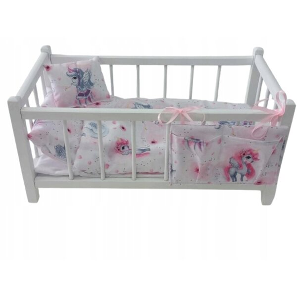 Letto in legno bianco per bambole con biancheria e organizer accessori