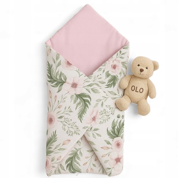Becik für Puppe 40–48 cm mit Riemenverschluss. Rosa Gardenie-Motiv