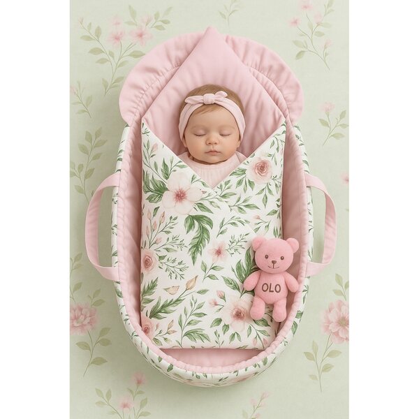 Becik für Puppe 40–48 cm mit Riemenverschluss. Rosa Gardenie-Motiv