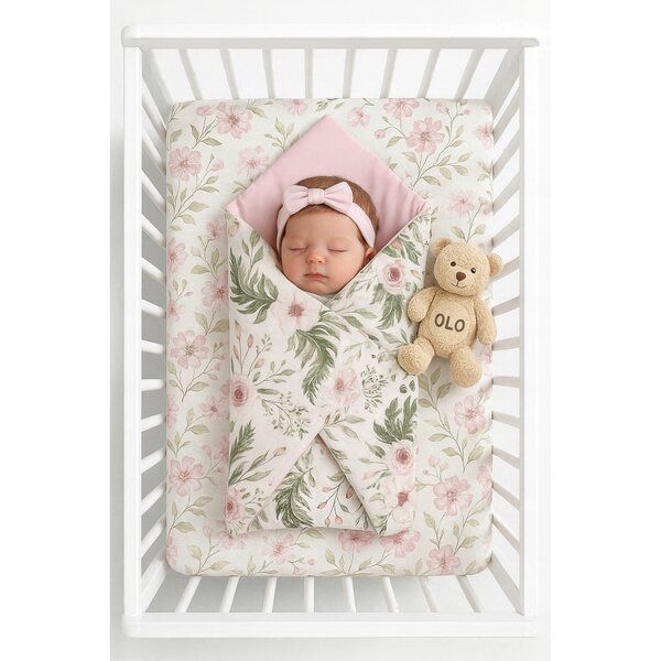 Becik für Puppe 40–48 cm mit Riemenverschluss. Rosa Gardenie-Motiv