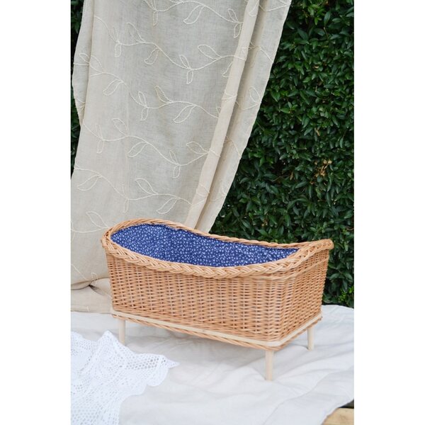 Lettino in Vimini Naturale per Bambole con Tessuto Blu - Wicker Village