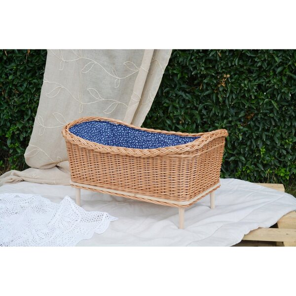 Lettino in Vimini Naturale per Bambole con Tessuto Blu - Wicker Village