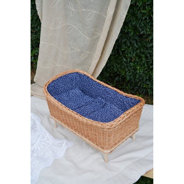 Lettino in Vimini Naturale per Bambole con Tessuto Blu - Wicker Village