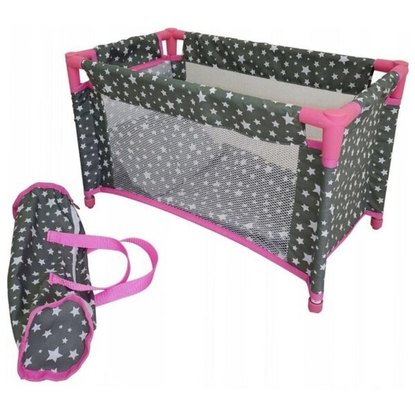 Graues Laufgitterbett für Puppen mit weißen Sternen und Bettwäsche inklusive