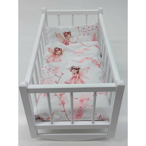 Culla per bambole in legno bianco con set di biancheria da letto delle fate - selezione di cotone