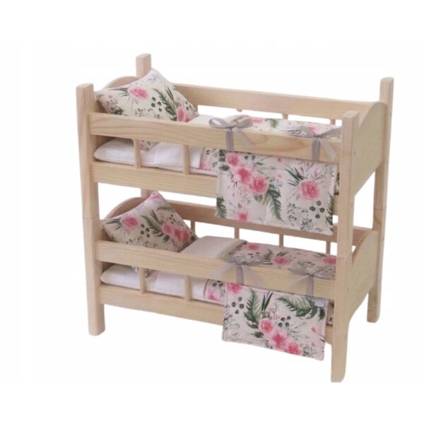 Letto a castello per bambole con organizer e set di biancheria - doppio e in legno