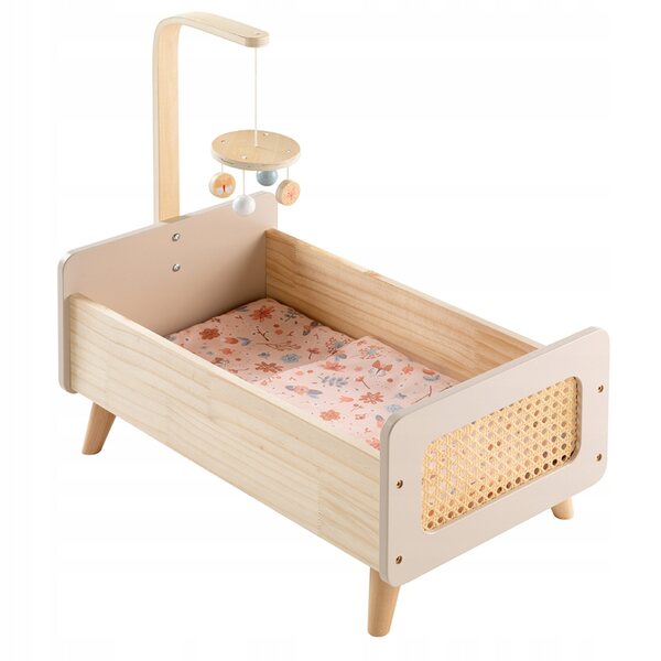 Letto in legno per bambole Miniflowers con dettaglio rattan e elemento mobile