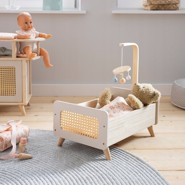 Holzbett für Miniflowers-Puppen mit Rattan-Detail und mobilem Element