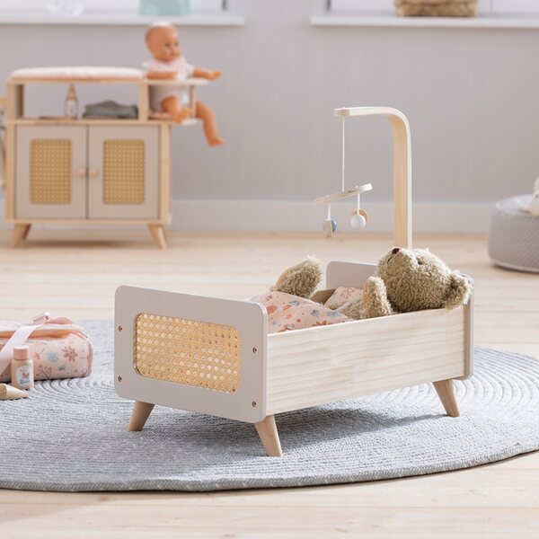 Holzbett für Miniflowers-Puppen mit Rattan-Detail und mobilem Element
