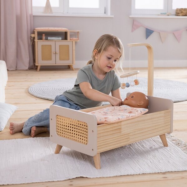 Holzbett für Miniflowers-Puppen mit Rattan-Detail und mobilem Element
