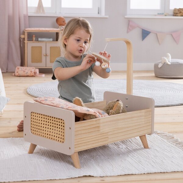 Holzbett für Miniflowers-Puppen mit Rattan-Detail und mobilem Element