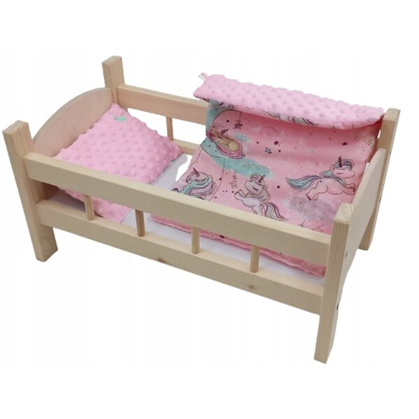 Lettino in legno per bambole con set biancheria Minky e cotone - 27x54x31 cm