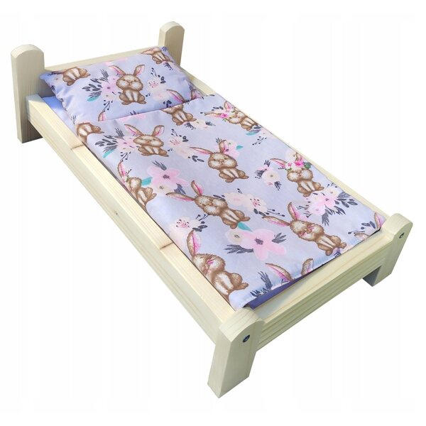 Letto in legno per bambole con biancheria in cotone 100% - tema foresta
