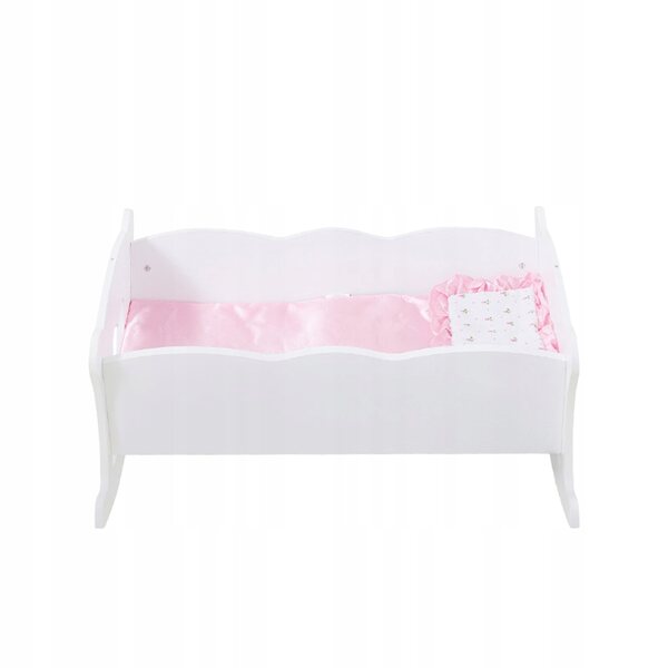Dondolo in legno per bambole con set di biancheria rosa compatibile fino a 20 pollici