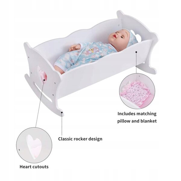 Dondolo in legno per bambole con set di biancheria rosa compatibile fino a 20 pollici