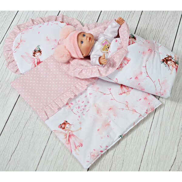Komplettes Puppenbett mit Bettbezug, Kissen und Schlafsack aus 100 % Baumwolle