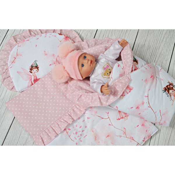 Komplettes Puppenbett mit Bettbezug, Kissen und Schlafsack aus 100 % Baumwolle
