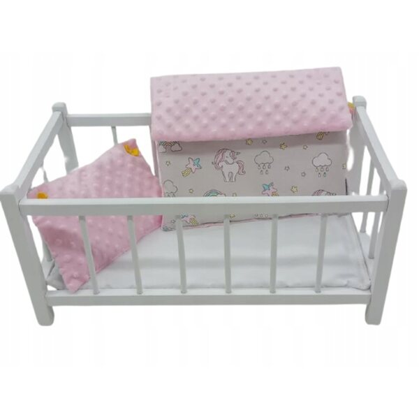 Lettino in legno bianco per bambole con set completo di biancheria in cotone e minky