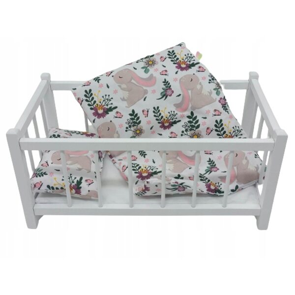 Letto in Legno Bianco per Bambole con Completo Lenzuola 3 Pezzi in Cotone