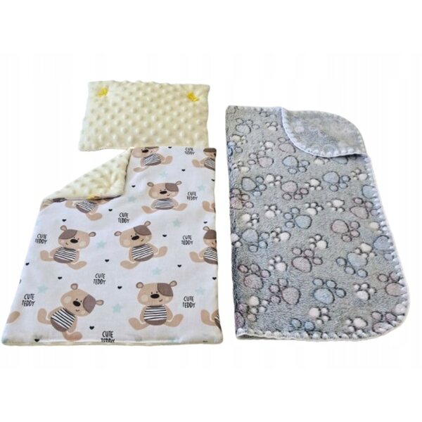 Komplettes Bettwäscheset für Puppen mit Bärendecke, Kissen und Bettdecke