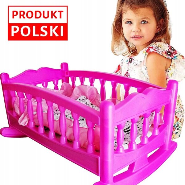 Große rosa Puppenwiege mit Laken, Spielzeugbett aus Kunststoff und Stoff