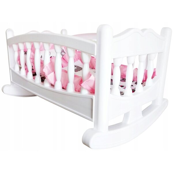 Große rosa Puppenwiege mit Laken, Spielzeugbett aus Kunststoff und Stoff