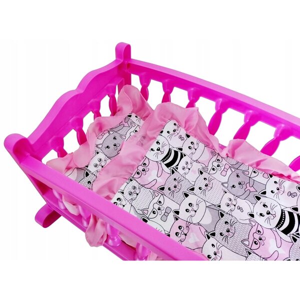 Große rosa Puppenwiege mit Laken, Spielzeugbett aus Kunststoff und Stoff