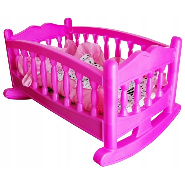 Große rosa Puppenwiege mit Laken, Spielzeugbett aus Kunststoff und Stoff