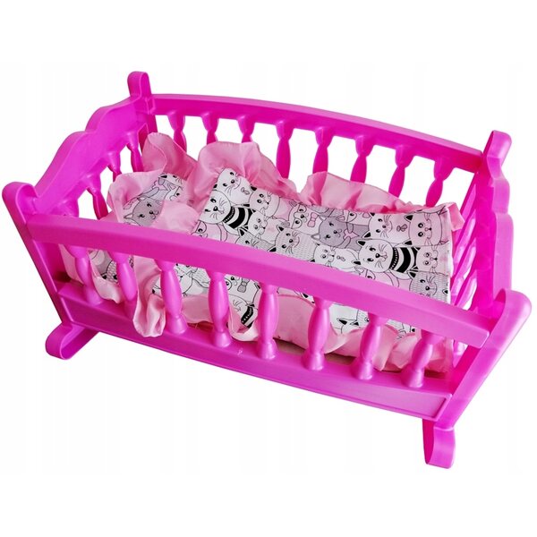 Große rosa Puppenwiege mit Laken, Spielzeugbett aus Kunststoff und Stoff