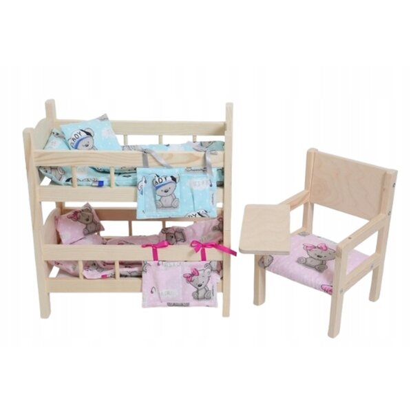 Letto per bambole gemello con biancheria da letto e sedia - set in legno