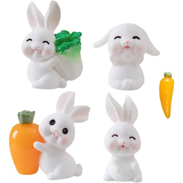 Set 5 Mini Statuette Conigli in Resina per Decorazioni Casa e Giardino