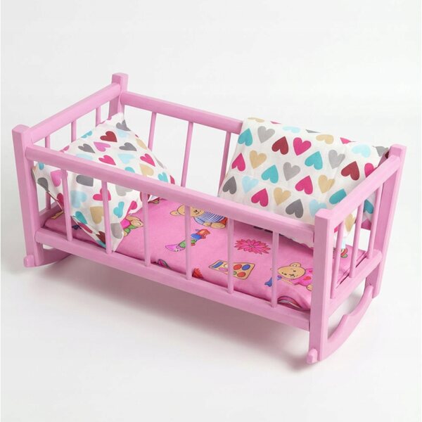 Culla per bambola Peewit rosa in legno con materasso e biancheria da letto